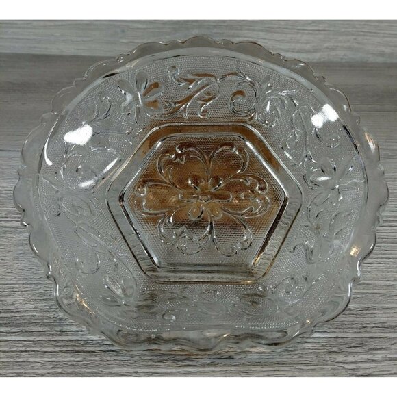 VTG Duncan & Miller Floral Pressed Sandwich Glass Textured Surface Hexagon Bowl - Picture 10 of 12